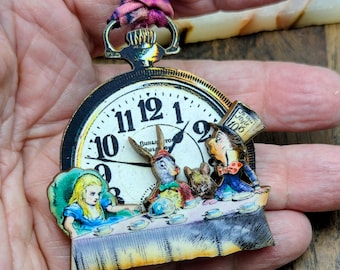 Alice In Wonderland, Mad Hatter, Mad Tea Party, Purse Jewelry, Wooden, Brooch, Home Decor, Teacher, Librarian, Book Lover