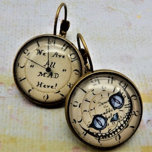 Cheshire Cat Earrings, Cheshire Cat Face, We Are All Mad Here, Alice Wonderland, I&#39;m Mad, You&#39;re Mad,  Librarian, Teacher, Book Lover