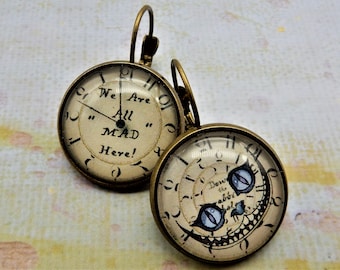Cheshire Cat Earrings, Cheshire Cat Face, We Are All Mad Here, Alice Wonderland, I'm Mad, You're Mad,  Librarian, Teacher, Book Lover