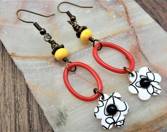 Flower Earrings, Black and White, Art, Graphic, Hand Drawn Flower, Flower Hoop Earrings, Art Teacher