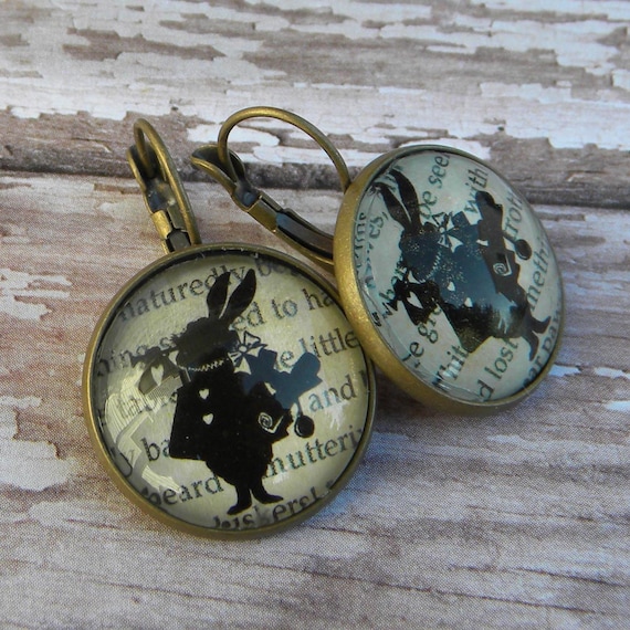 White Rabbit Earrings, Alice In Wonderland EArrings,  Library Literary, Book Lover, White Rabbit Jewelry, Mad Tea Party, Silhouette Rabbit
