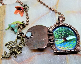 Fairy Door, Locket Necklace, Green Hobb-it Door, Dragon, Fairytale, Book Lover, Teacher, Whimsical