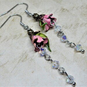 Pink Flower Earrings, Flowers, Crystals, Vintage Pink Flower, Romantic Earrings, Dangle Crystals