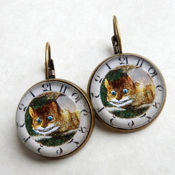 Boucles D'oreilles Pendantes Alice Au Pays Des Merveilles - Chat, Perles, Acier Inox - Neuf Sans Emballage