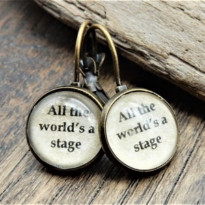 Word Earrings, Shakespeare Earrings,  All The World&#39;s A Stage, Shakespeare Quotes, Theatre Nerd, Theater, Literary ,  Library Earrings