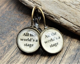 Word Earrings, Shakespeare Earrings,  All The World's A Stage, Shakespeare Quotes, Theatre Nerd, Theater, Literary ,  Library Earrings