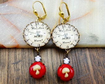 Mad Hatter Earrings, We Are All Mad Here, Mu;shrooms, Alice Wonderland, Cheshire Cat Quote, Alice in Wonderland Earrings