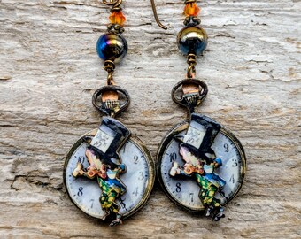 Mad Hatter Clock Earrings, Alice in Wonderland Mad Tea Party Jewelry, Wood