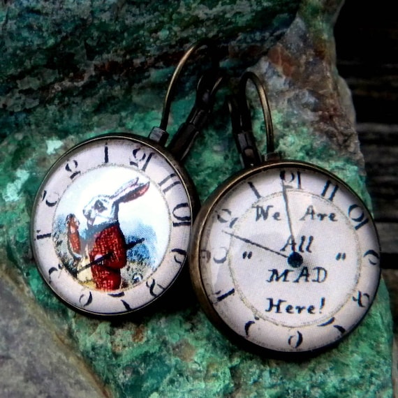 White Rabbit Earrings, Alice In Wonderland Earrings, We Are All Mad Here,Cheshire Cat