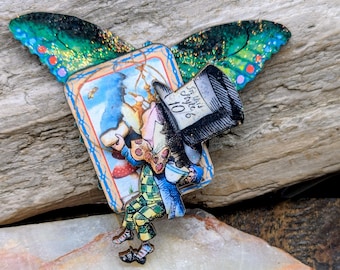 Mad Hatter, Alice In Wonderland, Jabberwocky, Mad Tea Party, Purse Jewelry, Wooden, Brooch, Home Decor, Teacher, Librarian, Book Lover
