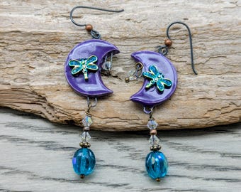 Moon Earrings, Purple Moon,Dragonfly, Ceramic, Witch Season, Cosplay