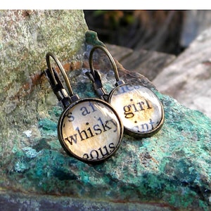 Word Earrings, Whiskey  WHISKY GIRL Scottish Spelling Whiskey, Bartender earrings. Book Jewelry, Literary Earrings