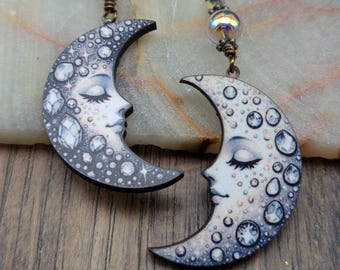 Crescent Moon Earrings, Whimsical Moon, Man in Moon, Crescent Moon Earrings, Moon Face, Moon Maiden, Moon and Stars