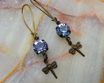 Blue Crystal Earrings, Blue Dragonfly Earrings, Goblincore, Fairy Earrings, Dragonfly Lover, Crystal Earrings, Rhinestones