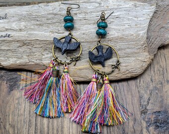 Raven  Earrings, Crow, Black Bird, Fairy, Woodland Earrings, Fringe Hoop, Cottagecore, Goblincore, Folklore Earrings, Witchy, Earth