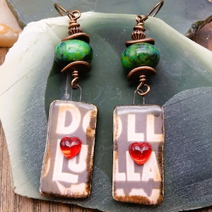 Pendientes Carta de Amor, Pendientes de Corazón, Pendientes de San Valentín, Pendientes de Jaspe, Palabras de Porcelana, Palabras en Francés, Corazones Rojos