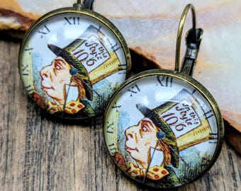 Mad Hatter, Mad Earrings, Alice in Wonderland, Clock Face