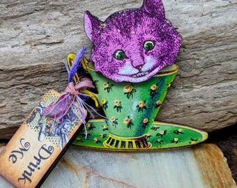 Alice In Wonderland, Cheshire Cat, Cat, Bag Jewelry, Tea Cup, Wooden, Brooch, Home Decor, Mad Tea, Teacher, Librarian, Book Lover