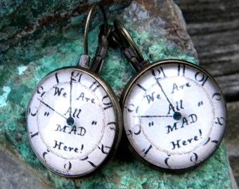 Alice In Wonderland Earrings, Mad Hatter Earrings, We Are All Mad Here, Alice in Wonderland Jewelry, Cheshire Cat Earrings
