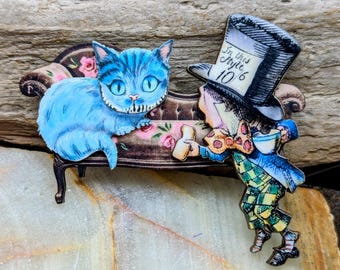 Mad Hatter, Alice In Wonderland, Cheshire Cat, Mad Tea Party, Bag Jewelry, Wooden, Brooch, Home Decor, Teacher, Librarian, Book Lover