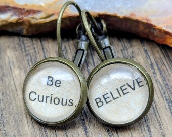 BE CURIOUS, BELIEVE, Word Earrings, Book Earrings, Yoga, Inspirational, Book, Word, Teacher