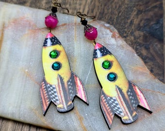 Rockets, Retro Rocket Earrings, Yellow Rockets, Space Travel, Science Lover, Outer Space, Science Fiction