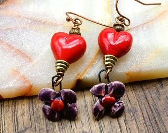 Heart Earrings, Hearts and Flowers, Red Heart Earrings, Flower Earrings, Porcelain Flowers, Flower Fairy, Goblincore