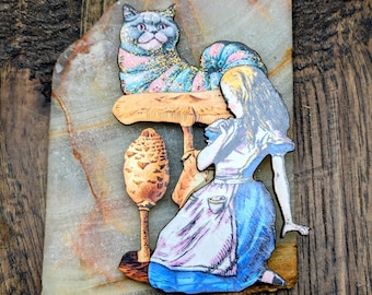 Alice In Wonderland, Cheshire Cat, Cat, Bag Jewelry, Wooden, Brooch, Home Decor, Mad Tea, Teacher, Librarian, Book Lover