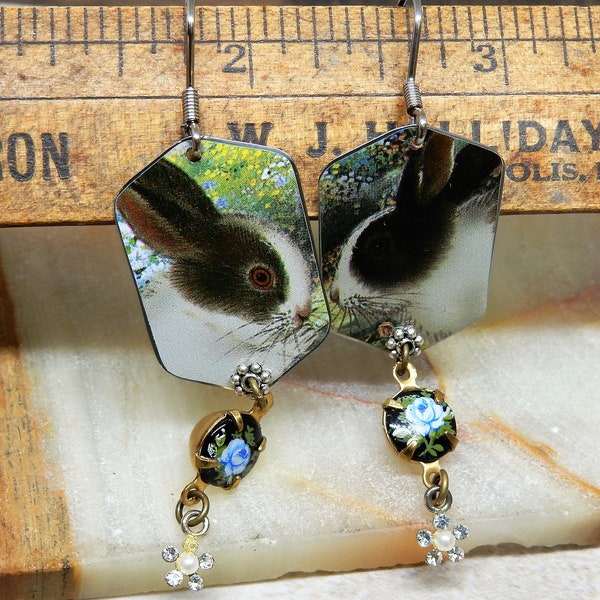 Rabbit Earrings, Bunny Earrings,  Dutch Rabbit, Tin Earrings, Repurposed REcycled Tin, Rabbit Jewelry