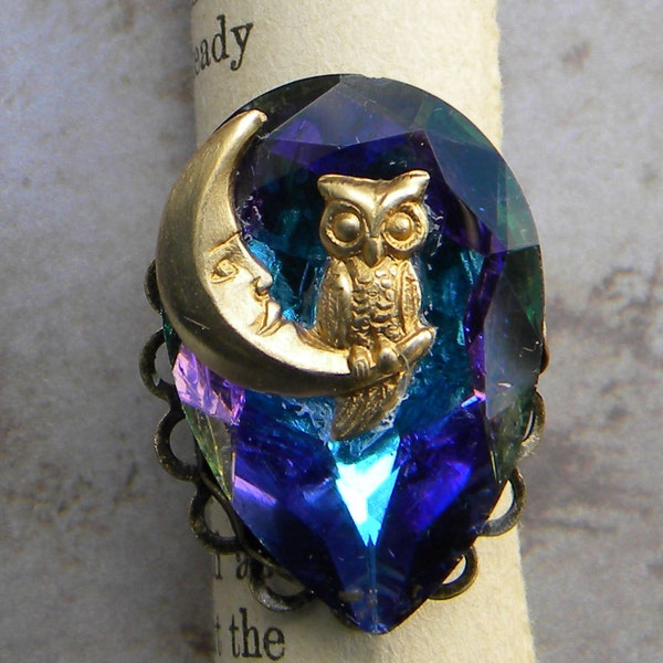 Owl Ring -   Man in Moon Ring - Magic In The Dark of Night - Owl and Moon  - Vintage Dark Crystal Ring