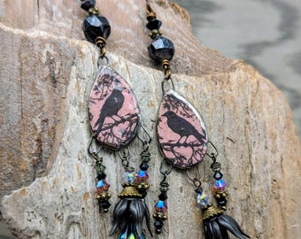 Raven, Crow, Boho, Dangle, Beads, Bird Lover, Blackbird, Poe