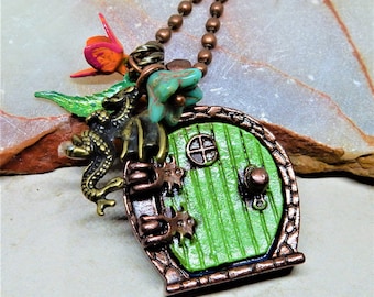 Fairy Door Locket Necklace, Green Hobb-it Door, Dragon Charm, 24 Inch Chain