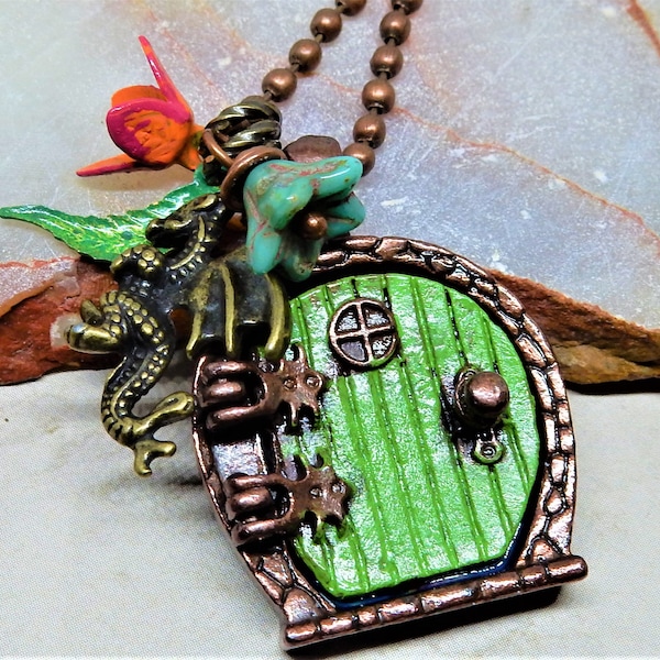 Fairy door Locket, Hobb Locket Necklace, Door Locket, Green Door, Tiny Dragon, Fairy House, Tiny Locket