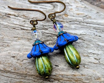 Glass Mushroom Earrings, Czech Beads, Folklore Cottagecore Style
