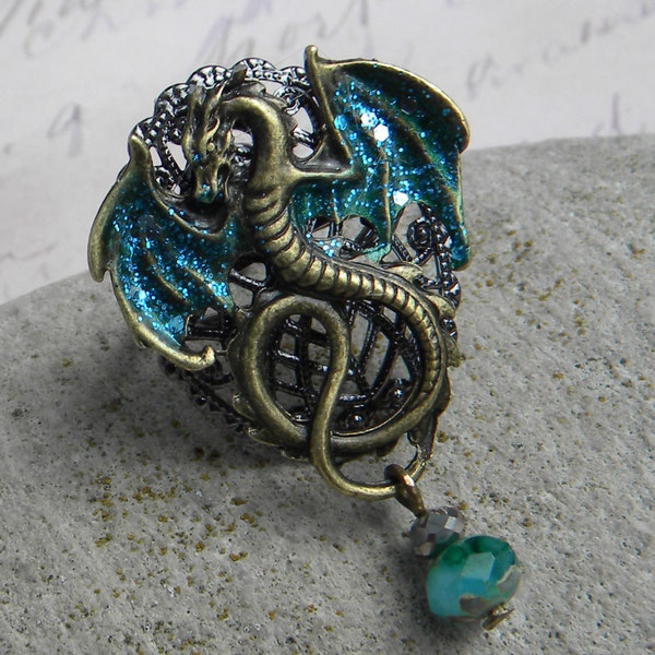 Dragon Ring - Tolkien Dragon Ring WithTurquoise Blue Wings - Adjustable Ring