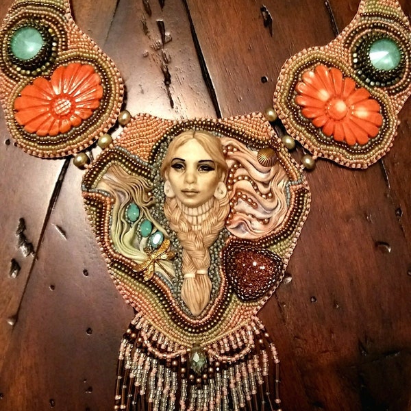 Bead Embroidered Bead Work Exclusive Laura Mears Indian Princess OOAK Collar Statement Piece  Carved Coral Swarovski Crystal Shibori silk