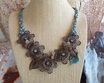 Cubic Zirconia Antique Brass Swarovski Crystal Flower Necklace Beadwork Exclusive Butterfly Necklace