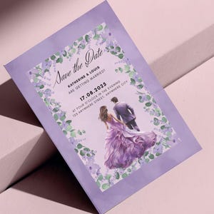 Lavender Wedding Invitation | Bride & Groom Illustration with Green Floral Border | Save The Date Digital Template