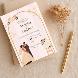 Gold and Blush Pink Wedding Invitation Template: Elegant Minimalist Design (Canva Editable, Digital Download)