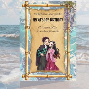 Demon Slayer Birthday Invitation | Tanjiro & Nezuko Inspired Anime Party Invite | Japanese Waves and Bamboo Theme