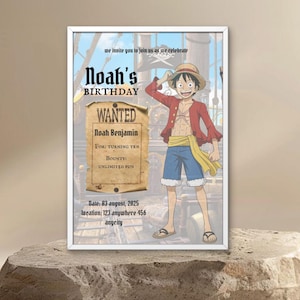 Invitación de cumpleaños de Luffy de One Piece / Invitación de fiesta editable con temática pirata / Descarga digital