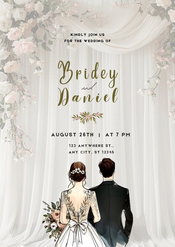 Floral Wedding Invitation Template: Bride Groom Illustration