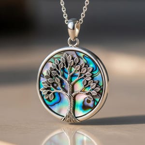 Tree of Life Abalone Shell Necklace, Round Sterling Silver Pendant, Family Tree Charm, Meaningful Gift for Mom, Boho Hippie Style