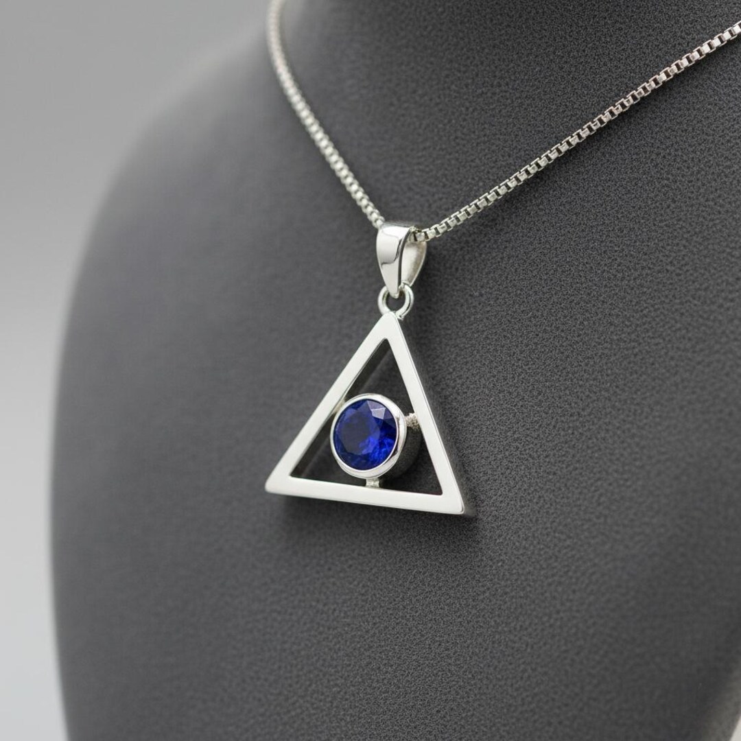 Sterling Silver Triangle Pendant, Blue Sapphire, Geometric Amulet - Etsy