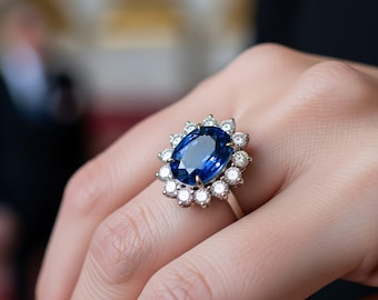 Prinzessin Diana Saphir Ring, Vintage Royal Style, Sterling Silber CZ Halo