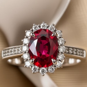 Può includere: Un anello d'argento con un grande rubino ovale circondato da un alone di piccoli diamanti rotondi. La fascia dell'anello è anch'essa ornata da diamanti più piccoli, creando un design scintillante ed elegante.