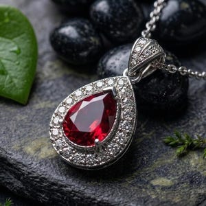 Può includere: Una collana con pendente in argento con una pietra preziosa rosso scuro a forma di goccia. La pietra preziosa è circondata da piccole pietre trasparenti. La collana poggia su una superficie scura e strutturata con pietre nere e vegetazione.