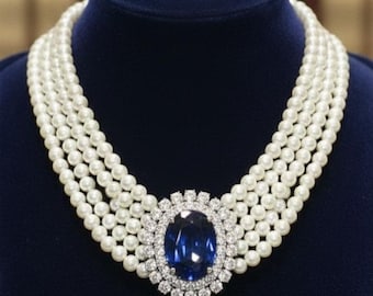 Princess Diana Inspired Sapphire Choker Necklace - 7-Strand Pearl Bridal Choker -Royal Blue Stone Statement Necklace Victorian Style Jewelry