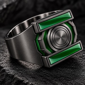 Könnte beinhalten: Ein schiefergrauer Ring mit einem zentralen kreisförmigen Emblem mit konzentrischen Kreisen, flankiert von zwei horizontalen rechteckigen grünen Emaileinlagen. Das Band hat eine gebürstete Metalloberfläche und geometrische Formen.