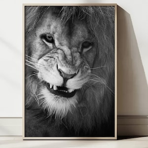 Lion Canvas Wall Art, Black and White Safari Animal Print, Modern Wildlife Home Decor, Minimalist Large Wall Painting
